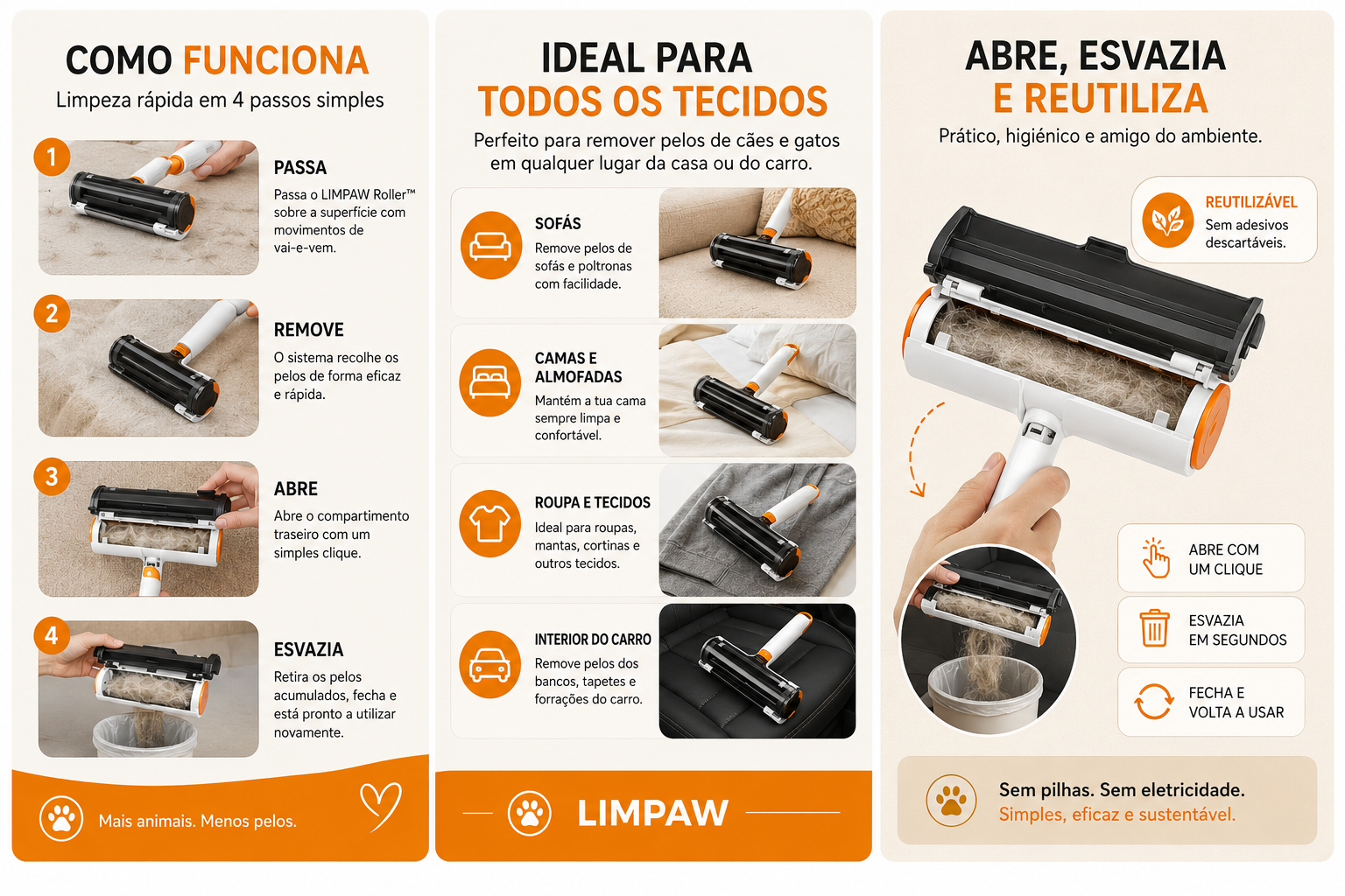 LIMPAW Roller™ — Removedor Reutilizável de Pelos de Animais